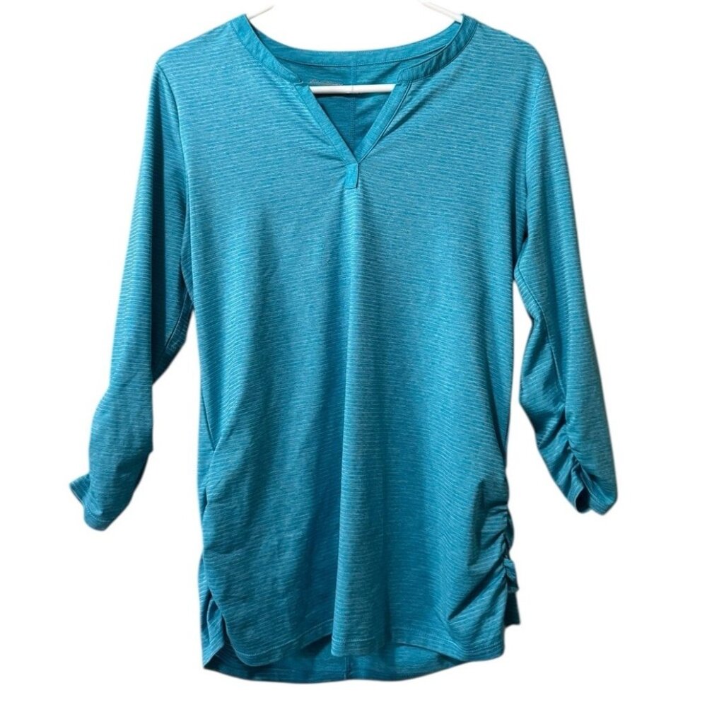 Eddie Bauer Women Long Sleeve V-Neck Stretch Ruched Shirt Sz Medium Lightweight